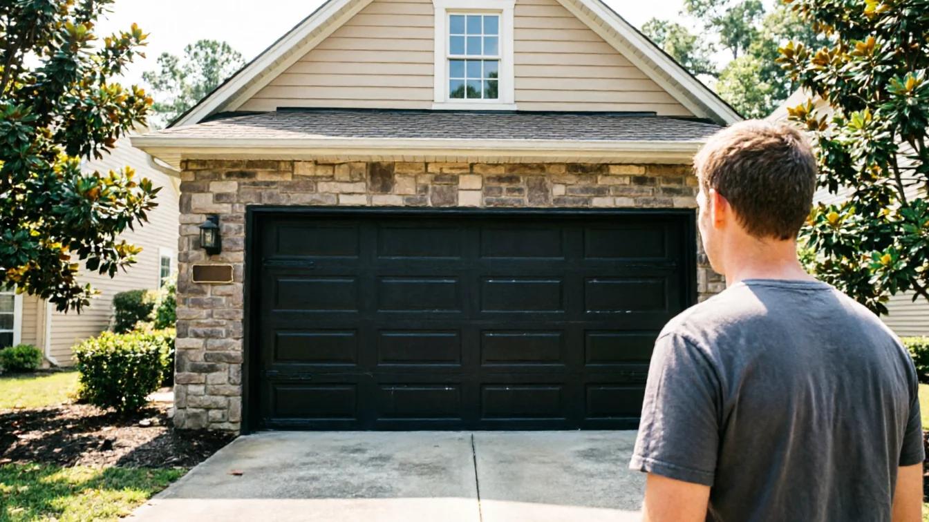 A man in a gray shirt looks at a black garage door on a stone house.