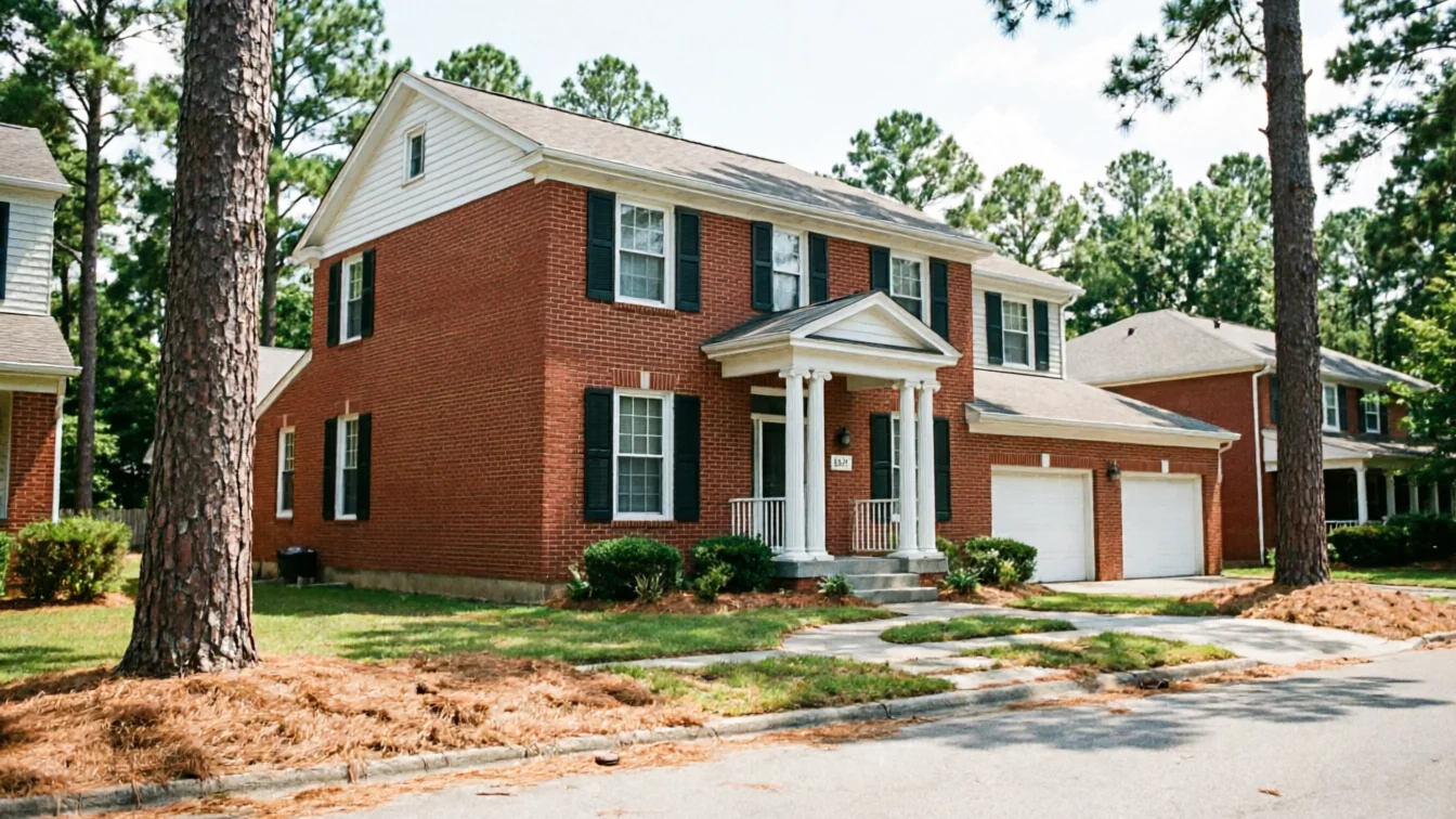 A two-story brick house with two white garage doors and a white porch.