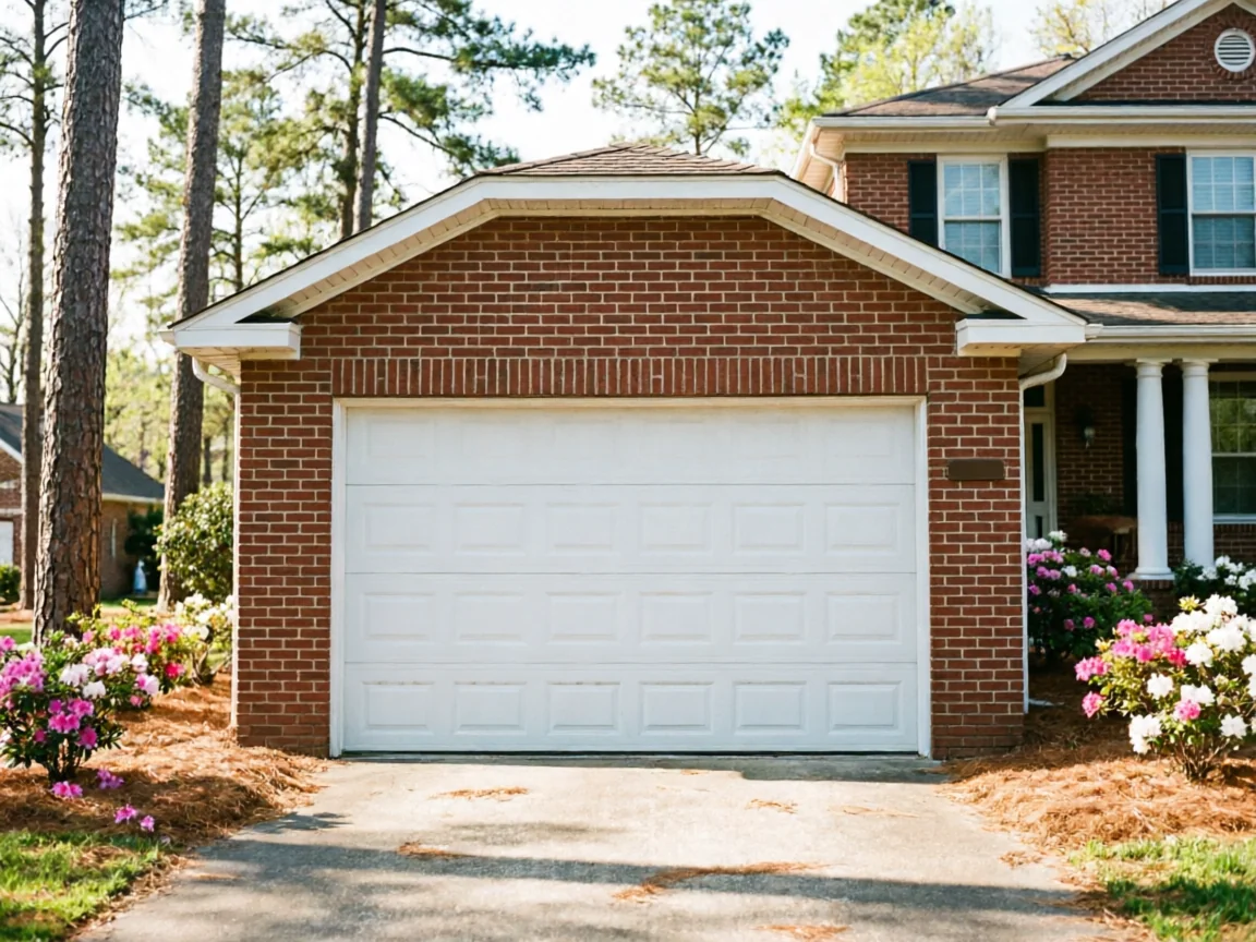 A white garage door is centered on a brick house with flowering bushes.